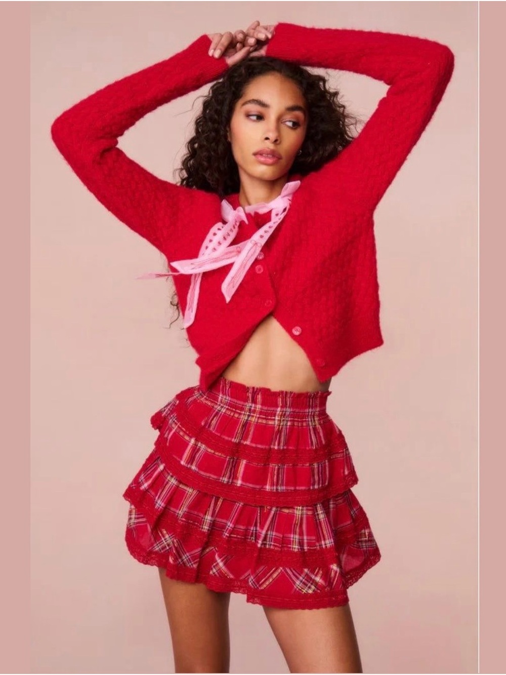 LoveShackFancy Women’s/Girl’s Ruffle Plaid Tartan Mini Skirt, Red, XXS